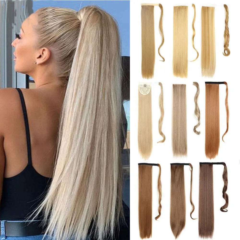22 Zoll synthetische lange gerade Pferdeschwanz-Haarverlängerung zum Umwickeln, Clip-in-Pferdeschwanz-Haar, hitzebeständiges Pferdeschwanz-Haarteil, blond