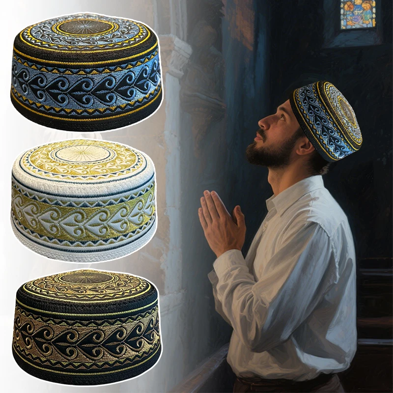 55-60 novos homens muçulmanos chapéu de oração algodão bordado arábia saudita chapéu islâmico turbante muçulmano boné judeu masculino lenço roupas