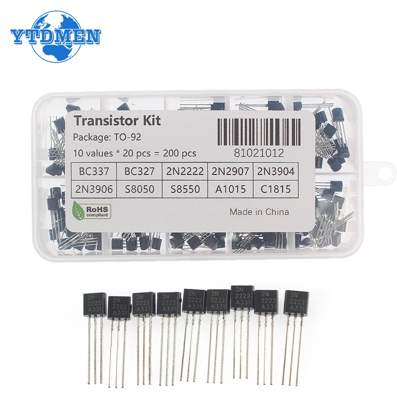 Kit sortido de transistores 50-200PCS TO-92 2N2222 2N2907 2N3906 2N5401 2N5551 A1015 BC327 BC337 BC548 BC549 C1815 S8050 PNP NPN