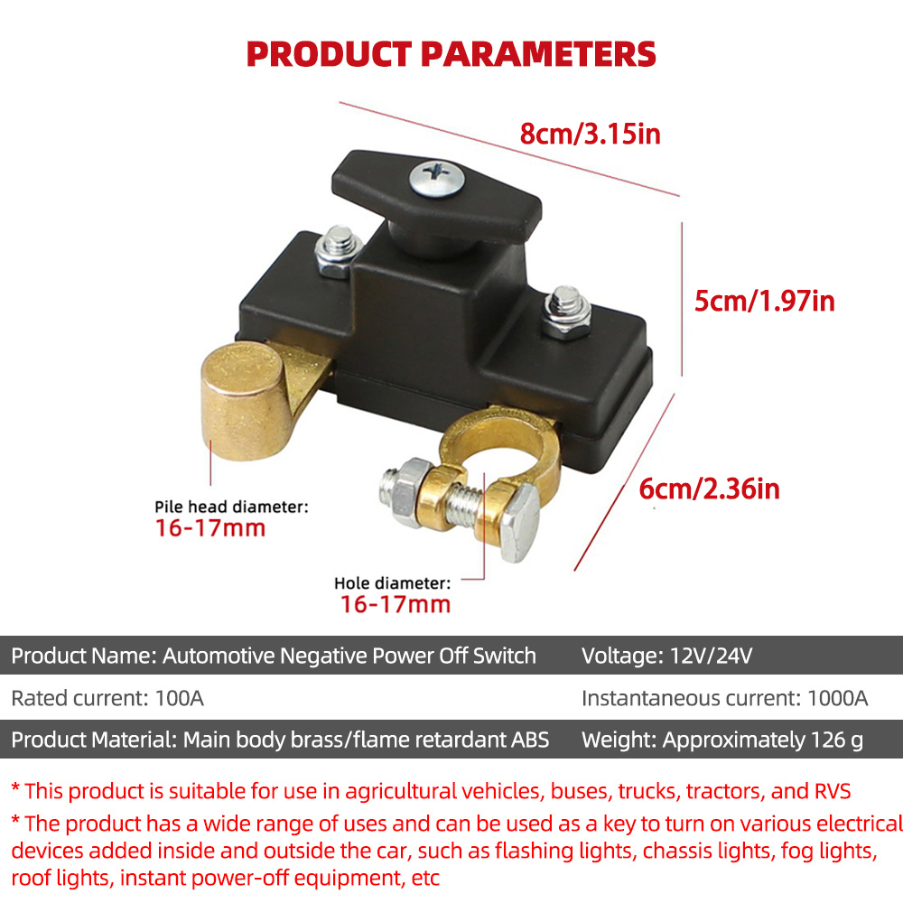 Interruptor de desligamento negativo de latão com bateria 100 A, interruptor mestre de desconexão da bateria, interruptor de corte/desligamento de energia 12-24V, bateria D