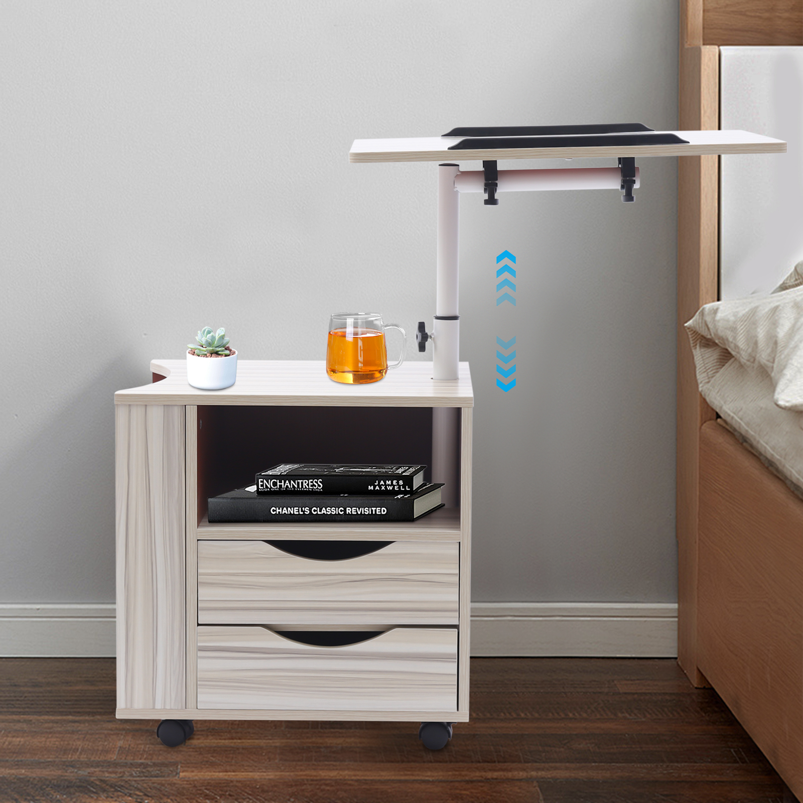 Multi-Layer Storage Desk Lifting Bedside Table End Tables Removable Bedside with Lockable Wheels