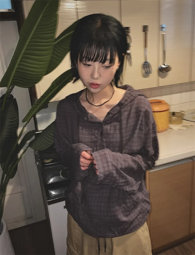 レトロヴィンテージ SEI チェック長袖薄手カジュアルフード付きシャツ韓国スタイル通勤ストライプ柄ストレートカットレディーストップ