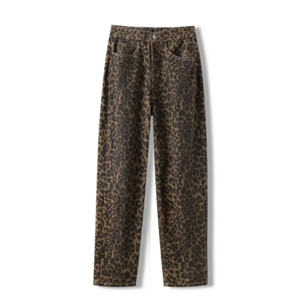 Vaqueros con estampado de leopardo vintage americano para mujer Otoño Invierno nuevo diseño sentido pequeño mono de tubo recto pantalones casuales