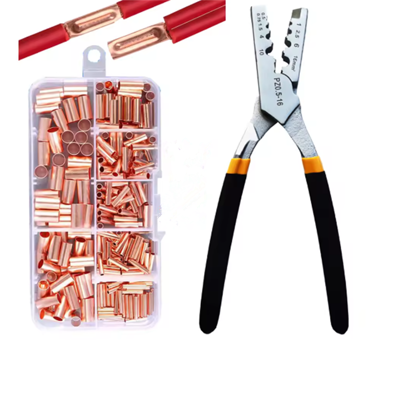 250pcs GT Copper Connecting Pipe Wire Joint Small Copper Tube Terminal Cable Lug Bootlace Ferrule Kit with Crimping Pliers
