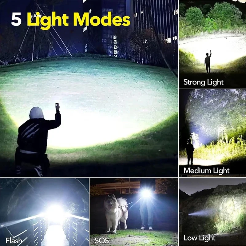 Linterna LED de alta potencia recargable 5 modos aleación de aluminio linterna con Zoom telescópico lámpara táctica para acampar al aire libre pesca