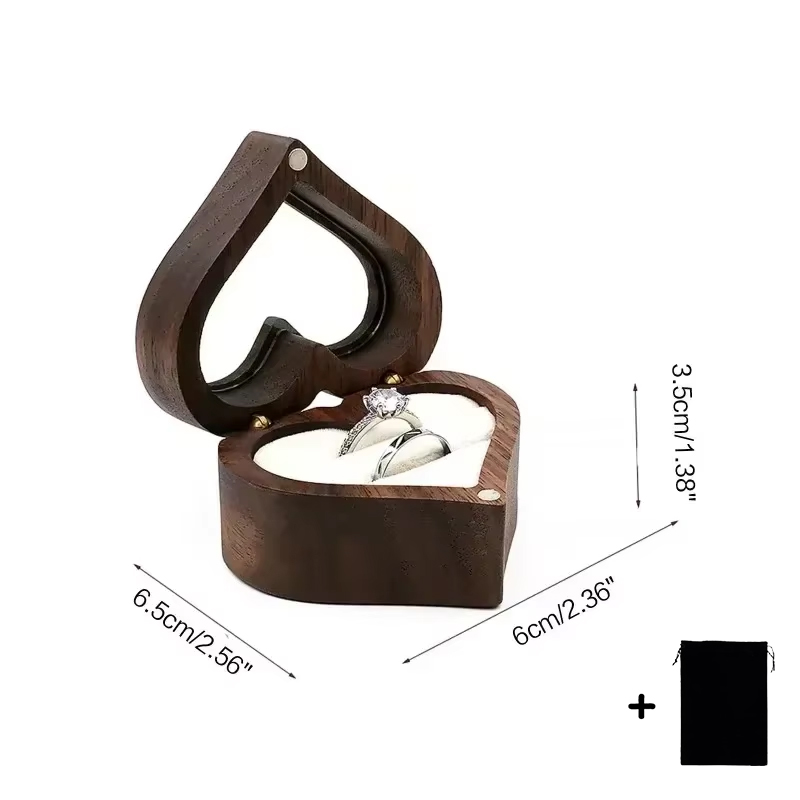 1PCS Free Engraving Custom Love Heart Shaped Walnut Wood Ring Box for Wedding Ceremony Jewelry Box Storage Proposal Wedding Gift