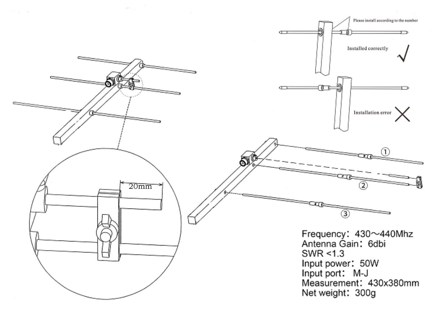 UHF-Yagi-Antenne, hohe Verstärkung, 3 Elemente, HAM-Radio, abnehmbar und tragbar, verstellbar 420–450 MHz