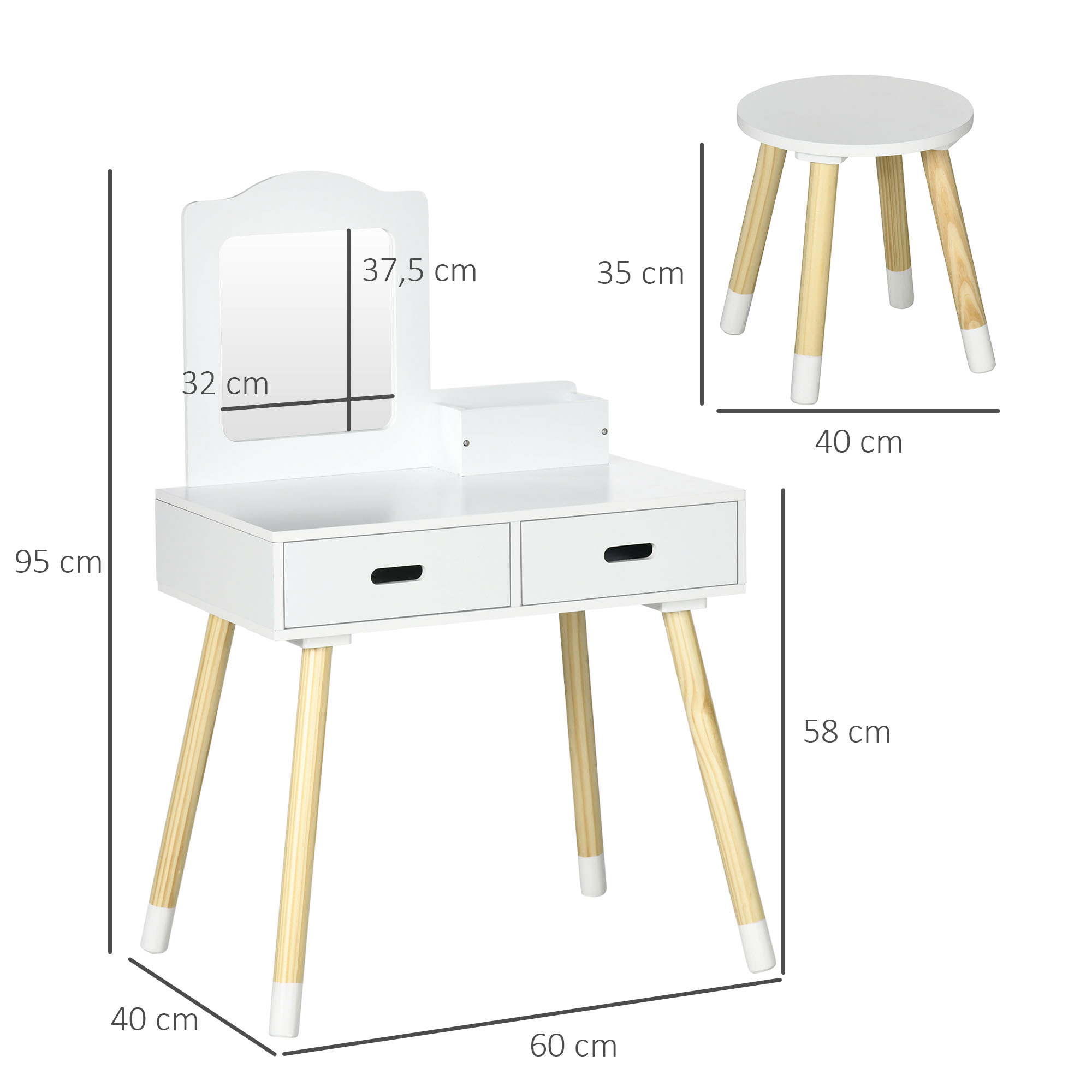 ZONEKIZ Commode pour fille de 3 à 6 ans avec tabouret et miroir 60x40x95 cm Blanc