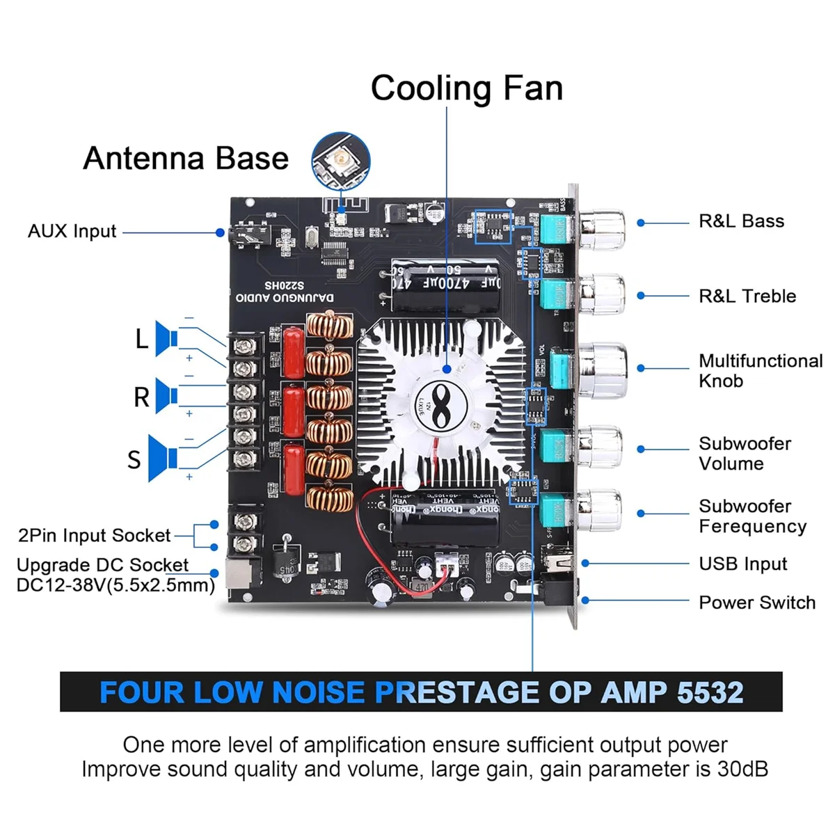 DAJUNGUO S220HS Bluetooth Power Amplifier Board, 2.1 Channel TDA7498E 160Wx2+220W, 12V-38V Audio Power Amplifier Module