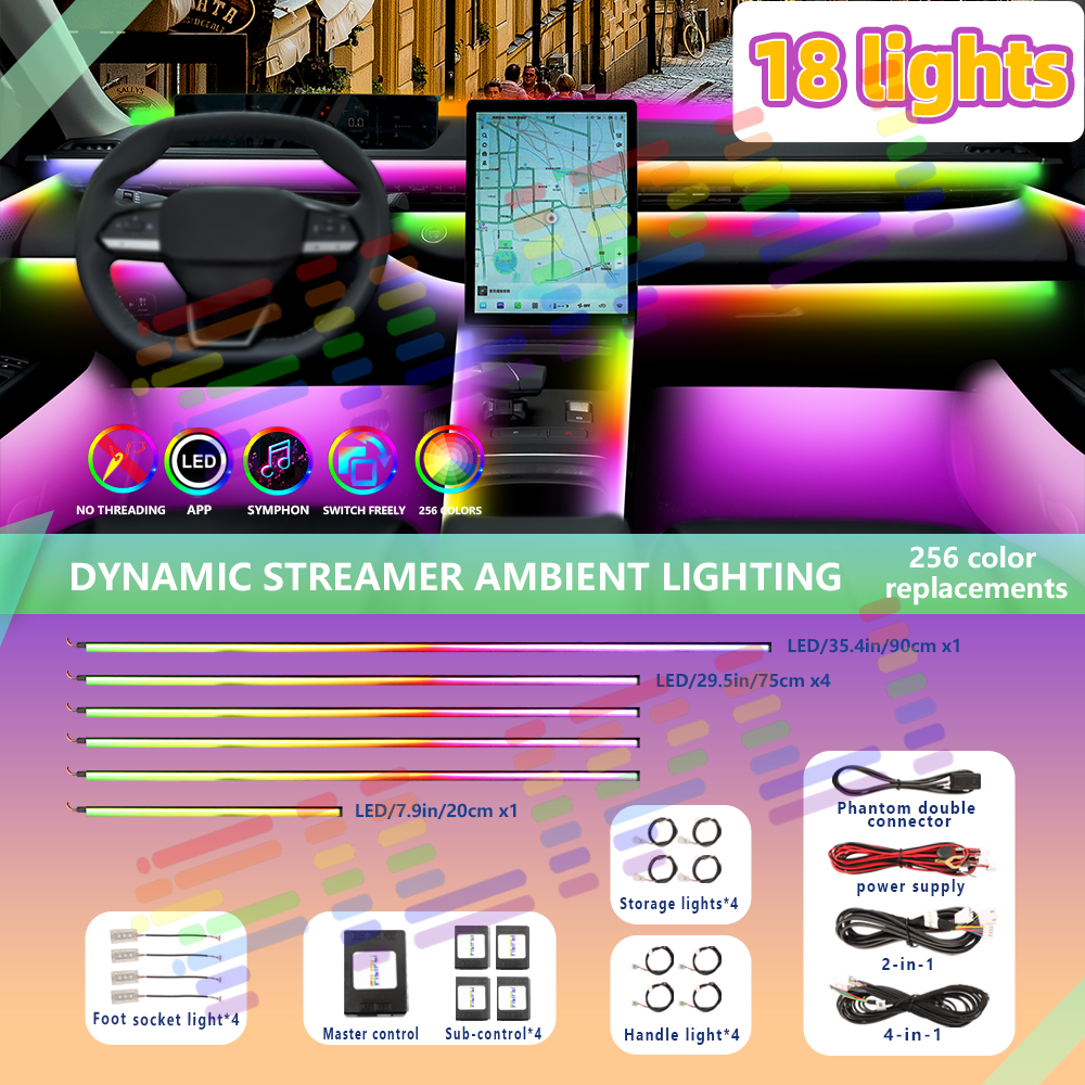 Eenvoudige Installatie Van 64 Kleuren Auto Milieu Licht Led Interieur Verborgen Acryl Strip Symfonische Sfeer Licht Met App