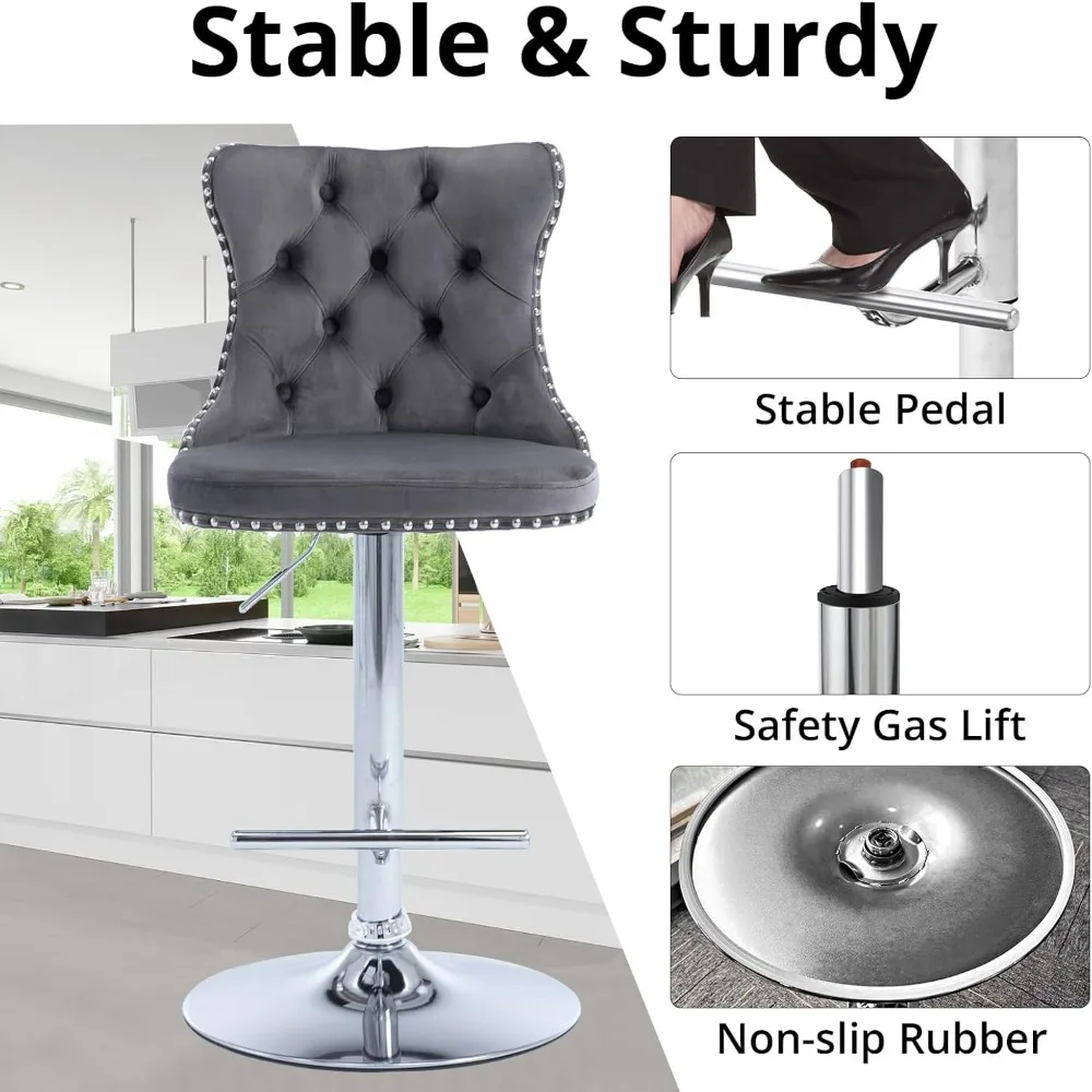 Swivel Bar Stools Set of 4, Barstools with Nailheads Trim, Button Tufted Back and Footrest, Velvet Upholstered Bar Chairs