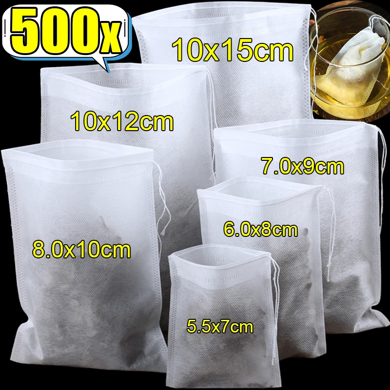 500/50pcs Disposable Tea Bags Non-woven Fabric Tea Filter Bag with Drawstring for Coffee Spice Teabags Filters Kitchen Teaware