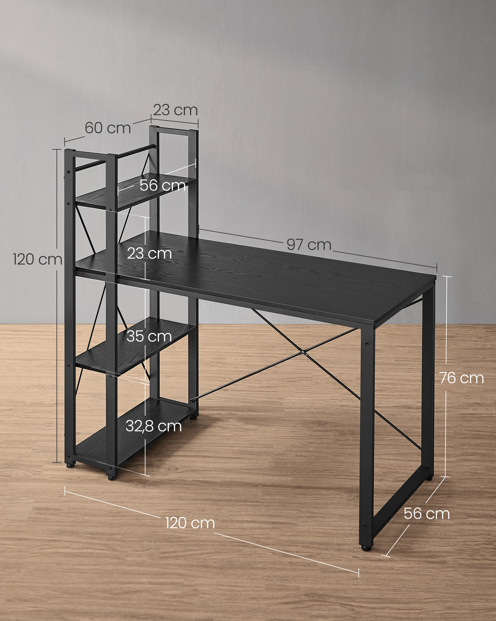 VASAGLE Schreibtisch Computertisch, 120 / 137,2 cm, mit Regalböden rechts oder links