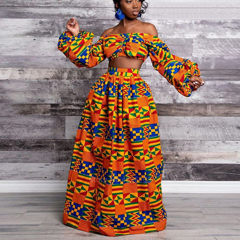 여성을위한 아프리카 드레스 가을 2 피스 세트 레이디 풀 슬리브 어깨 오프 Festher Dashiki 프린트 스플릿 스커트 Africna Clothes