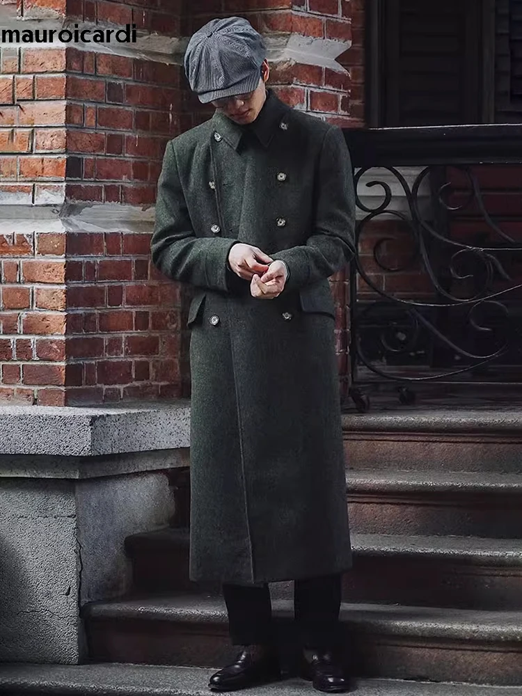 Mauroicardi Otoño Invierno largo cálido verde Polo abrigo hombres doble botonadura fresco lujo elegante estilo inglés mezclas de lana abrigo