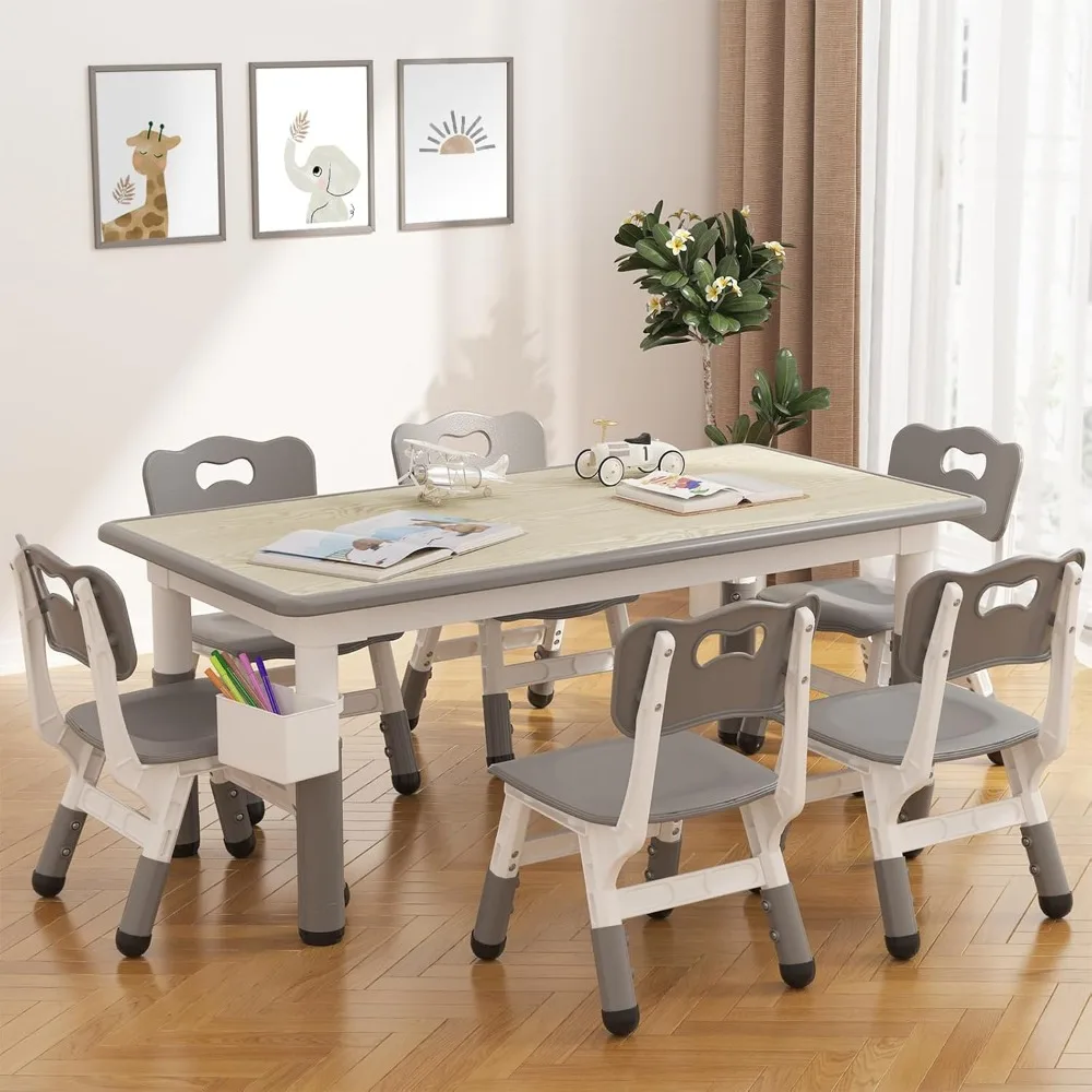 Kids Table and 6 Chairs Set, Height Adjustable Toddler Table and Chair Set, Graffiti Desktop,Children Study Table for 6 for Home
