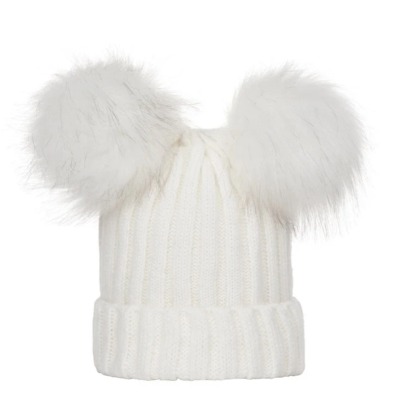 겨울 여성 비니 모자 가짜 모피 공 어머니 키즈 모자 소녀 소년 따뜻한 니트 Bobbles 여성 모자 십대 그릴 Beanies