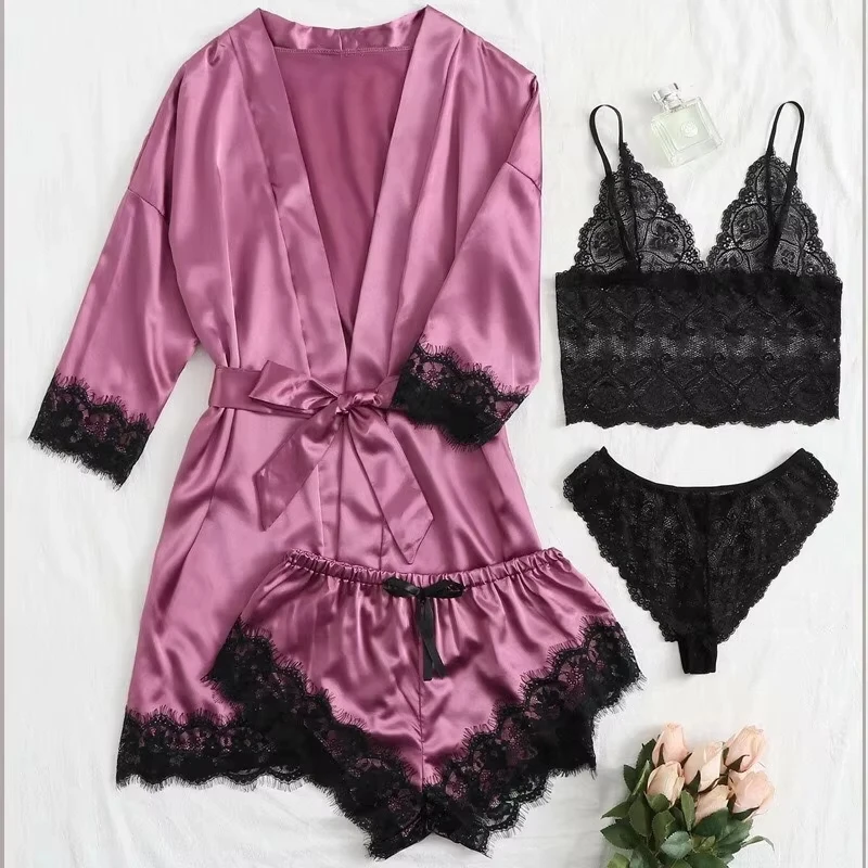 Dames zomer sexy pyjamabroek set 4-delig kant satijn met zijden nachtkleding gewaad mode en comfortabele nachtkleding
