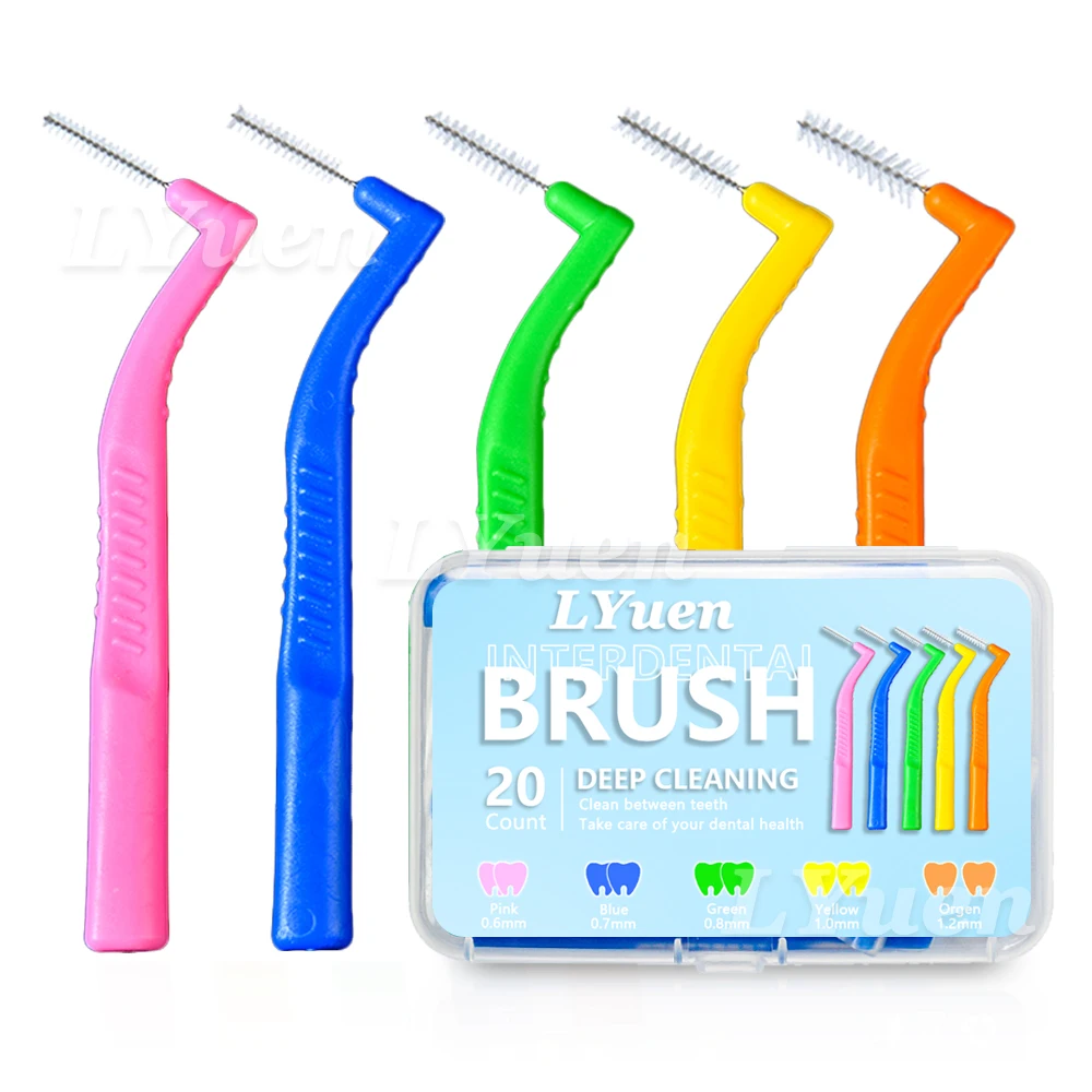 20 unids/caja cepillo Interdental corto en forma de L para limpieza de dientes de ortodoncia entre aparatos ortopédicos limpieza Mini cepillo ultrafino