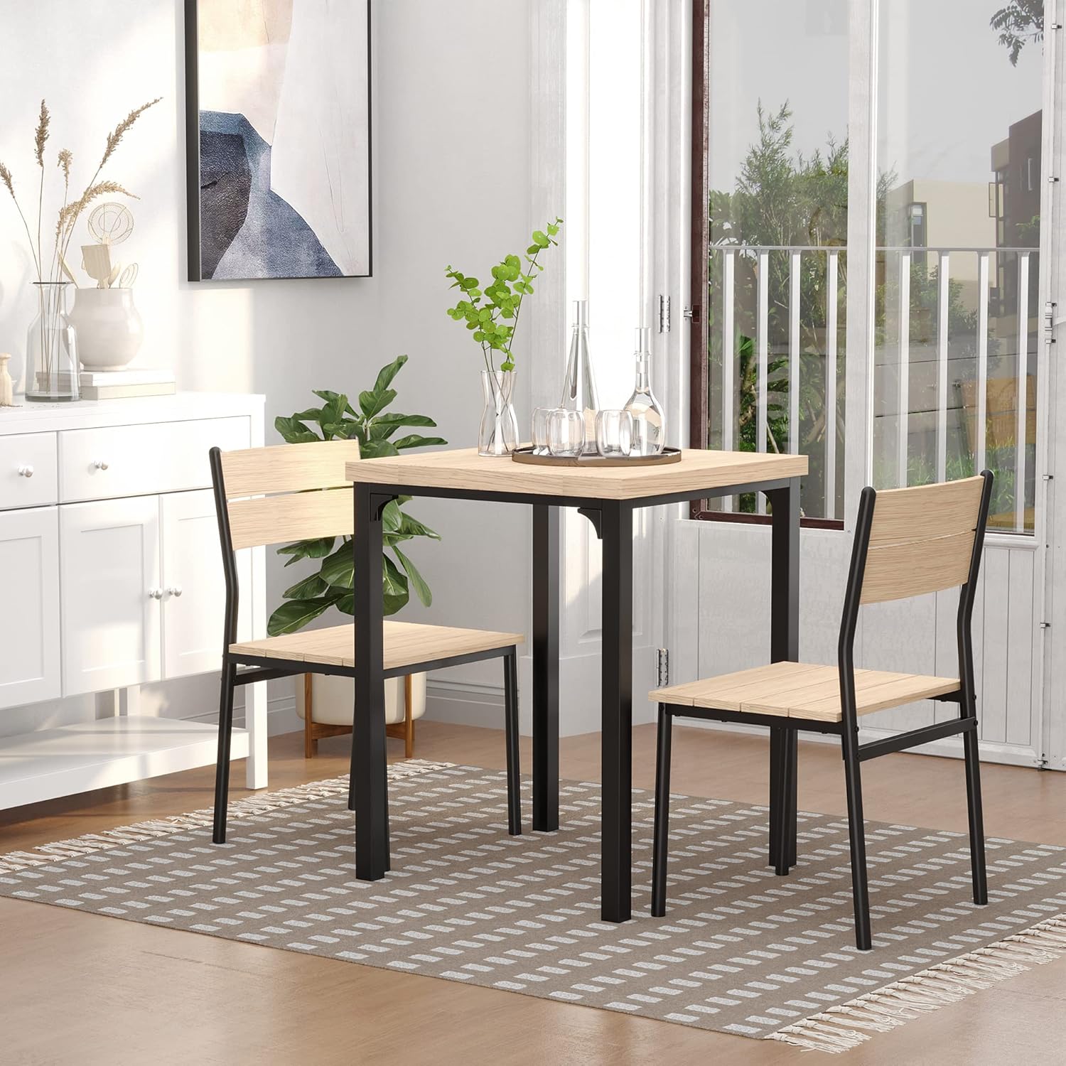3 Pieces Compact Dining Table 2 Chairs Set Wooden Metal Legs Bistro Cafe Kitchen Breakfast Bar Home Furniture, Light Wood Grain