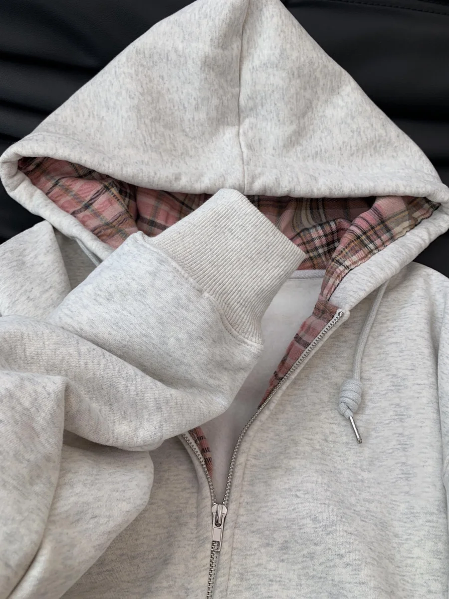 Sudadera con capucha a cuadros Retro para mujer, cárdigan con cremallera, Tops versátiles, ropa de abrigo informal holgada, otoño