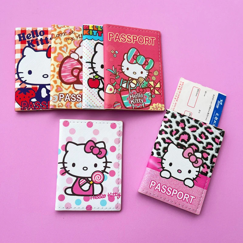 การ์ตูน HELLO KITTY ปกหนังสือเดินทางท่องเที่ยวกระเป๋าสตางค์ Unisex ธุรกิจมัลติฟังก์ชั่บัตรเครดิตกระเป๋าสตางค์ผู้หญิง Organizer Passport Case