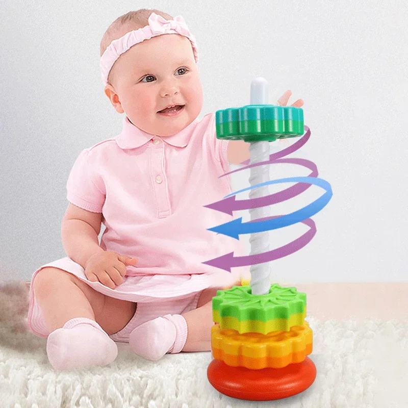 Tour arc-en-ciel rotative Montessori, Puzzle à empiler pour bébé, jouets de sécurité et de Protection de l'environnement, jouets colorés pour enfants, garçons et filles