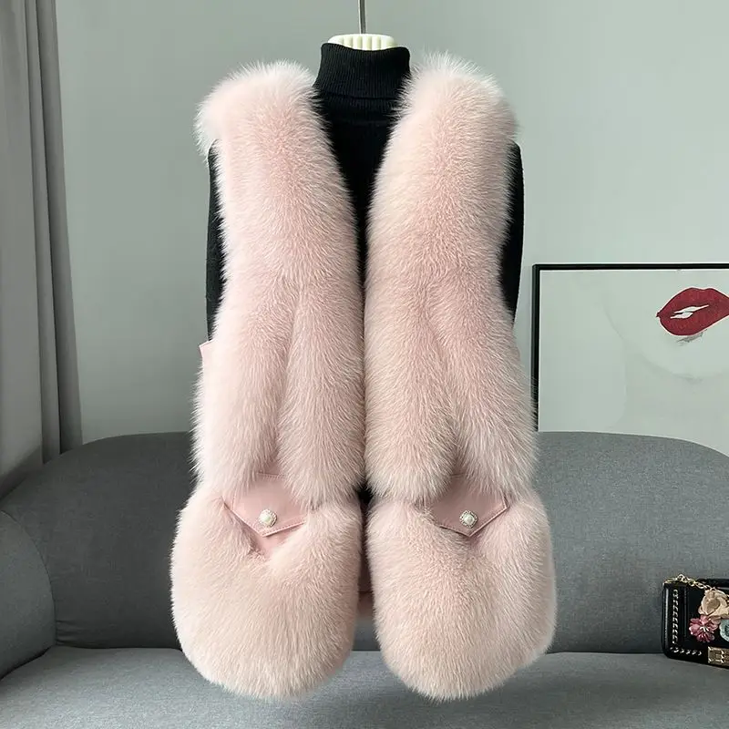 2023 neue Fuchs pelz Gras weste Damen mittellanges Leder und Fell einteiliger echter Woll-Tanktop