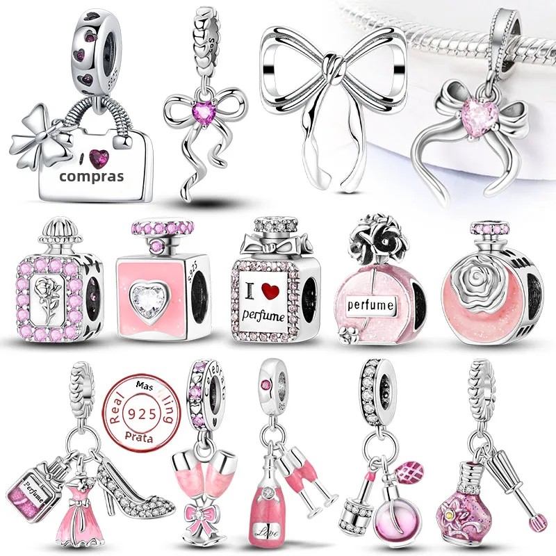 Fit original 925 prata esterlina encantos contas arco perfume garrafa rosa encantos para mulheres finas diy aniversário jóias presentes