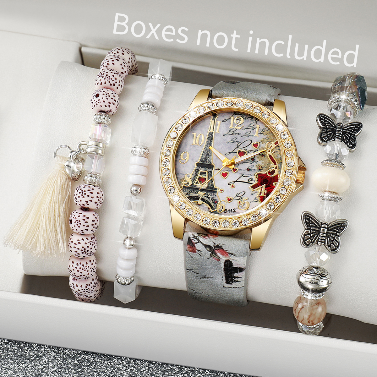 3/4/5 sztuk moda Rhinestone damski zegarek kwiaty drukowane skórzany pasek kobiece zegarki kwarcowe zestaw bransoletek (bez pudełka)