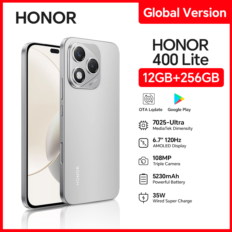HONOR 400 Lite 12GB+256GB Global Version 5G Smartphone 6.7" 120Hz AMOLED Screen 108MP Camera 5230mAh 35W SuperCharge IP5 OTG