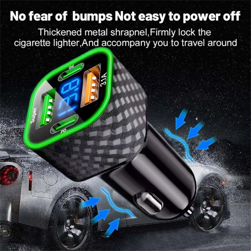 380W Super Charger USB Car Phone Charger Dual PD 4 in 1 with Voltage Display Super Fast Charge Adapter for IPhone Xiaomi Samsung