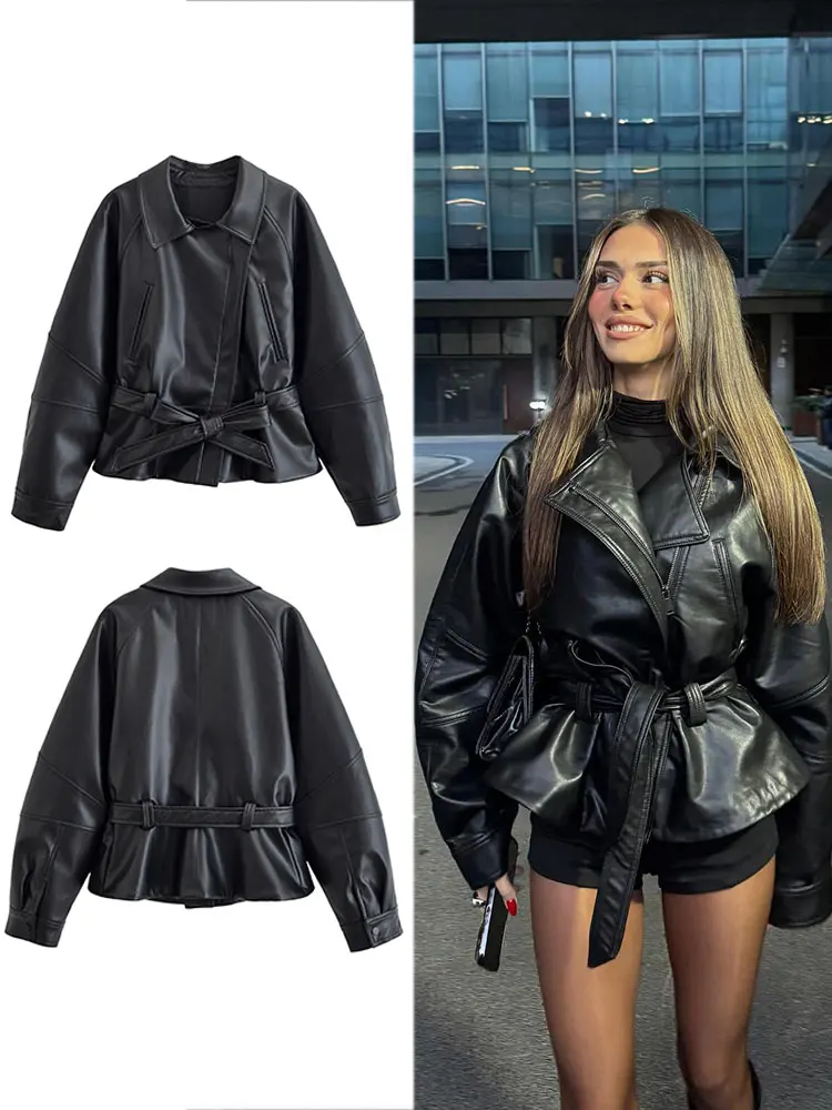 HH Frauen Mode Schwarz Kurze Kunstleder Trenchcoat Langarm Revers Jacke Mit Gürtel Vintage Dame Motorrad Jacke Outwear