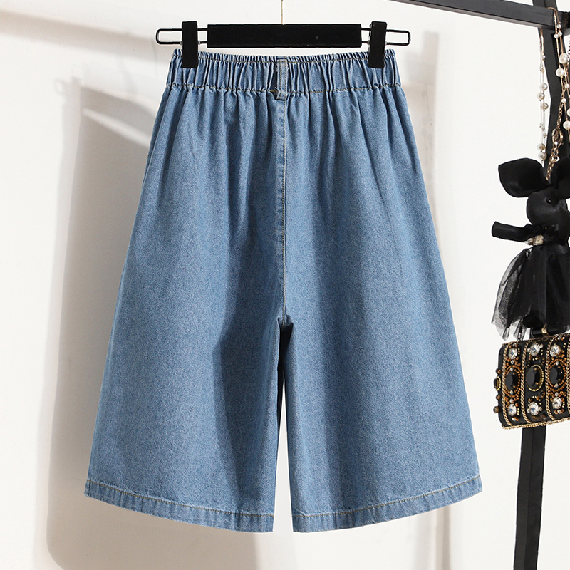 Slimming A-Line Denim orts plus Size Women's Summer Faion High Waist Straight Leg Wide Leg Five-Quarter Mid-Pants