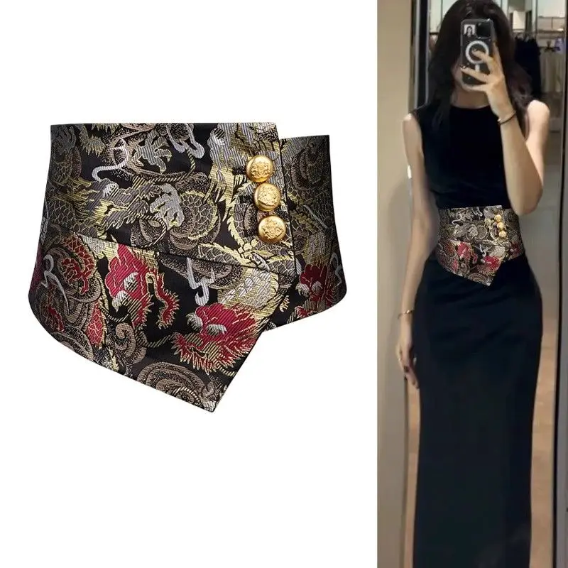 Black Brocade Dragon & Phoenix Waist Cincher Women Elegant Jacquard Obi Belt Gold Button Accents Vintage Corset Belt for Dresses