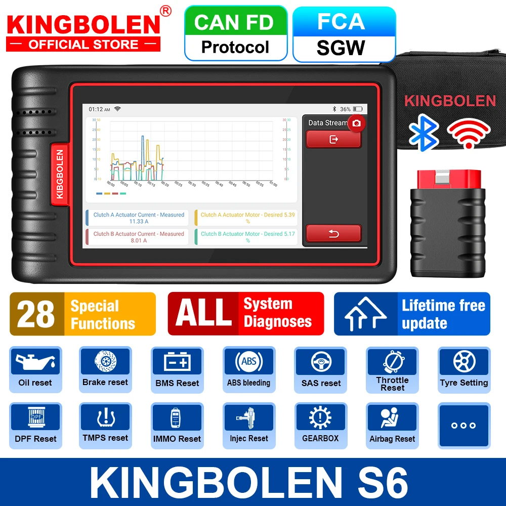 KINGBOLEN S6 Scanner automobile français OBD Bluetooth tous les outils de diagnostic de voiture du système 28 réinitialise IMMO/BMS/TPMS/ABS saignement à vie gratuit