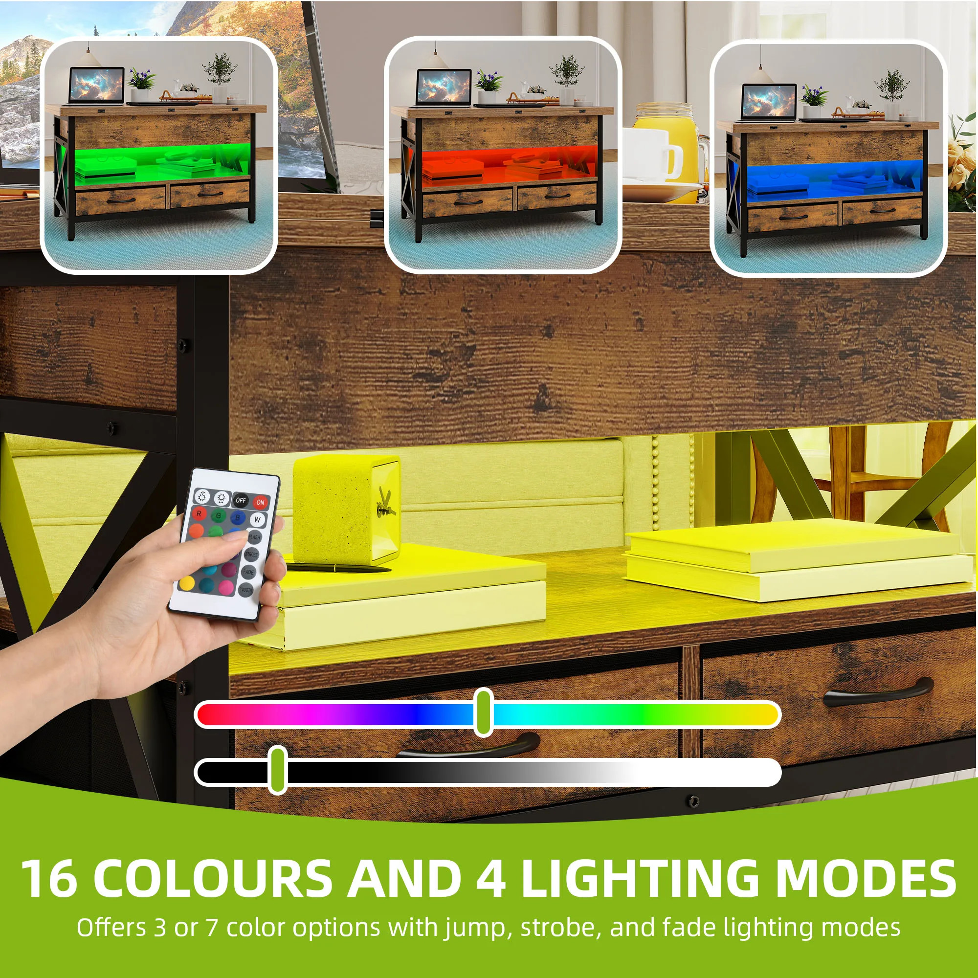 Balconera Table basse relevable avec rangement – Table de salle à manger extensible avec 2 tiroirs et lumière LED, 90 × 50 × 1,5 cm