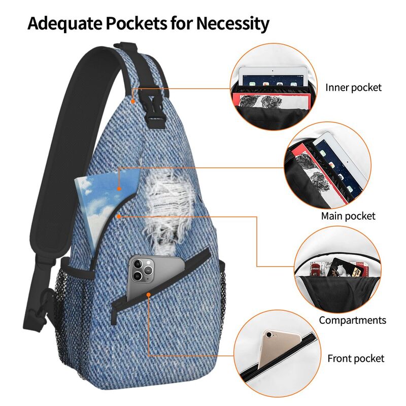Kustom Ditambal Denim Biru Jeans Tekstur Tas Selempang Pria Modis Bahu Selempang Dada Ransel Bepergian Daypack