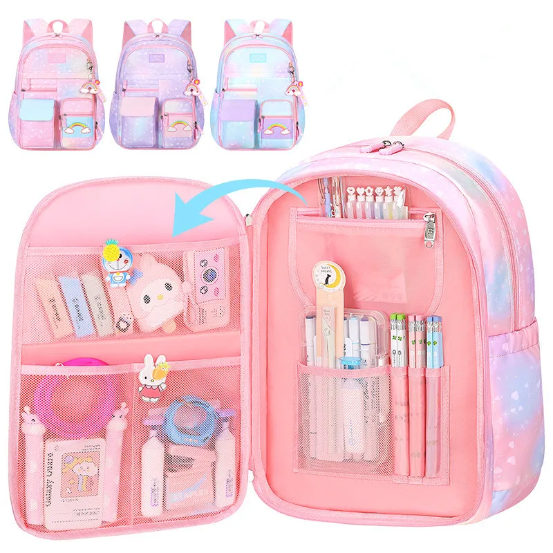 Set di zaini scolastici da 3 pezzi con ricamo arcobaleno Borse da scuola per bambini con gradiente elementare impermeabili in nylon di alta qualità