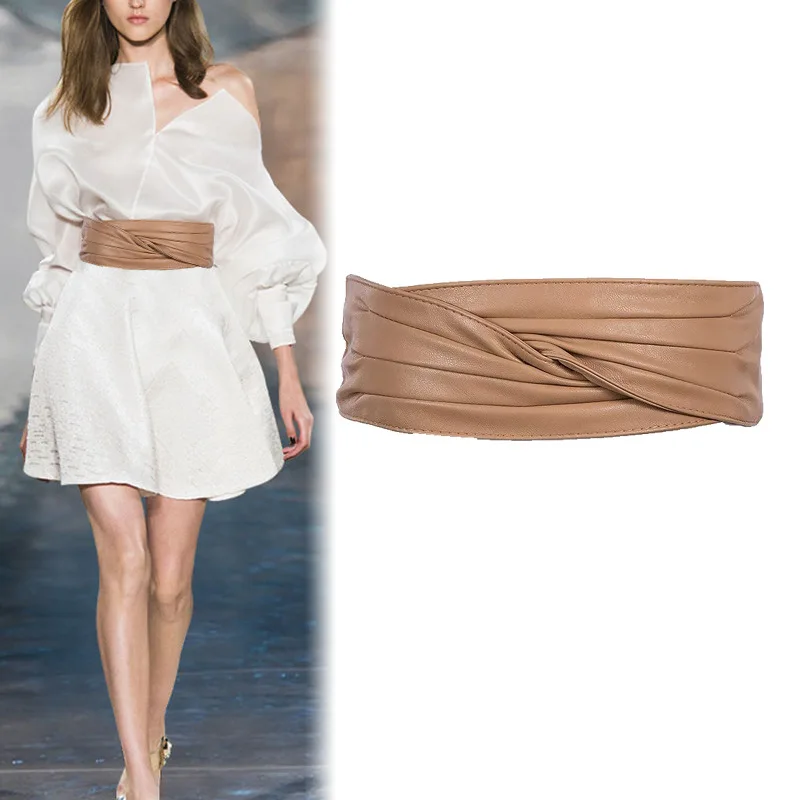 Vestido decorativo con falda para mujer, cinturón ancho moldeador de cuerpo, color caqui, de diseñador de moda de lujo, nuevo