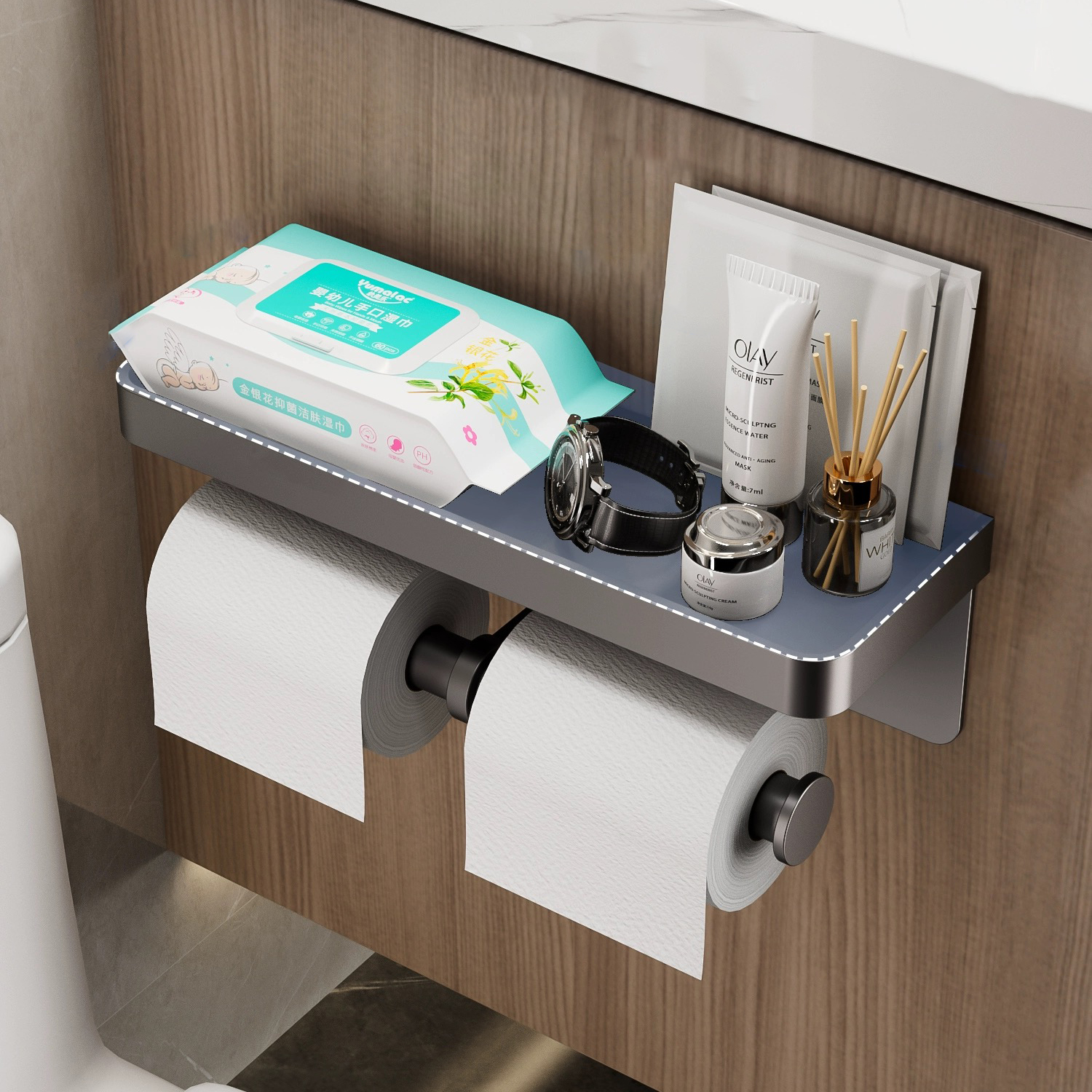 Aluminiumlegierung Papierhalter An der Wand montiert Toilettenpapierhalter Kein Bohren Badezimmer-Küchenpapierhalter