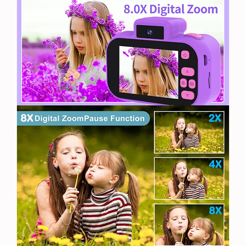 Câmera Digital Dupla para Crianças, HD 1080P, 8X Zoom Digital, Flash Light, Built-In Game Video Toys, Mini Display Colorido, Presente de Aniversário