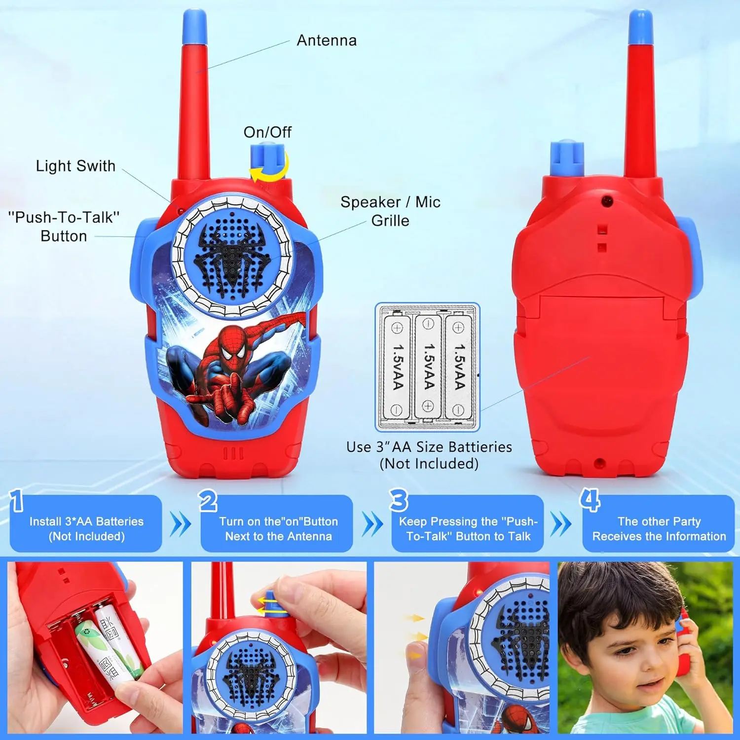 Spidey Walkie Talkies สําหรับเด็ก - 2 ชิ้นของขวัญของเล่นแมงมุมในร่มและกลางแจ้งสําหรับ Man Boys วันเกิดคริสต์มาส Helloween