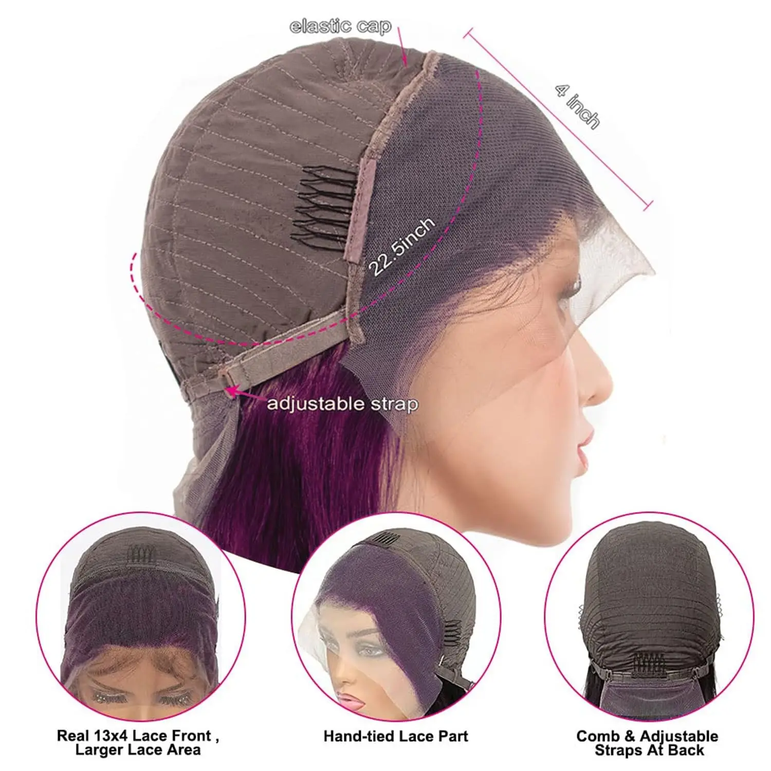 Roxo escuro bob perucas dianteiras do laço cabelo humano colorido 13x4 laço frontal curto em linha reta roxo bob peruca pré arrancado com cabelo do bebê