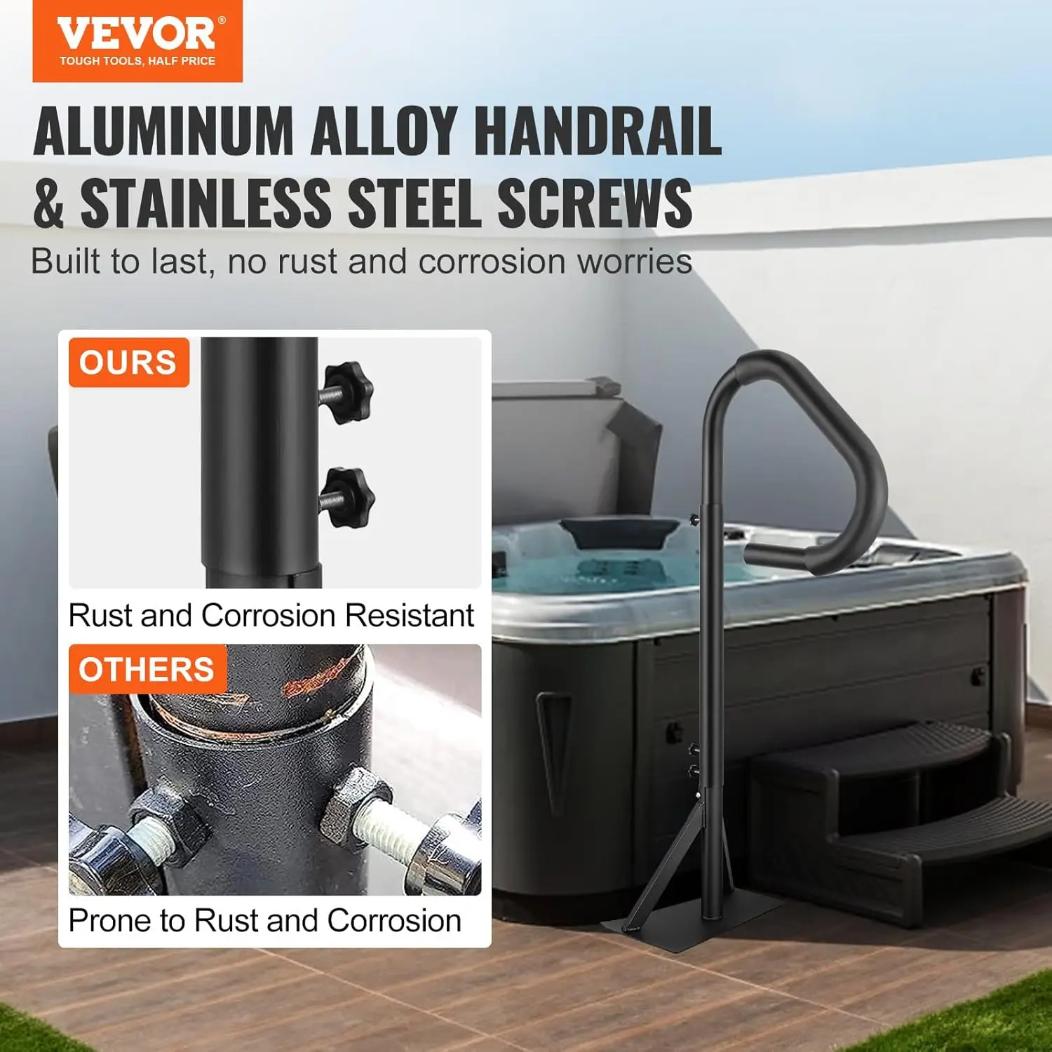360 Rotatable Spa Side Handrail with 48"-63" Adjustable Height, Rust-proof Aluminum Spa Step Hot Tub Hand Rail, 600LBS Capacity