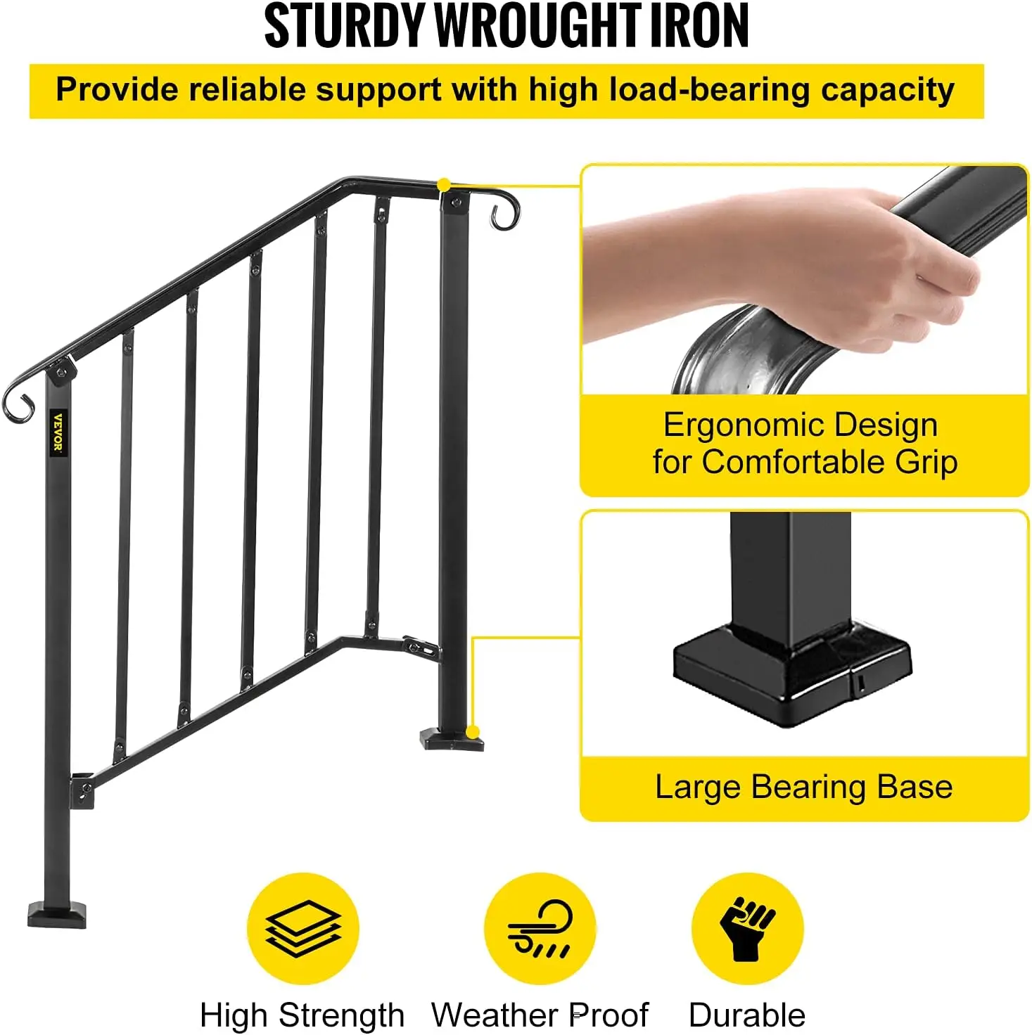 Handrails for Outdoor Steps, Fit 3 Steps Outdoor Stair Railing, Picket#2 Wrought Iron Handrail, Flexible Porch Railing