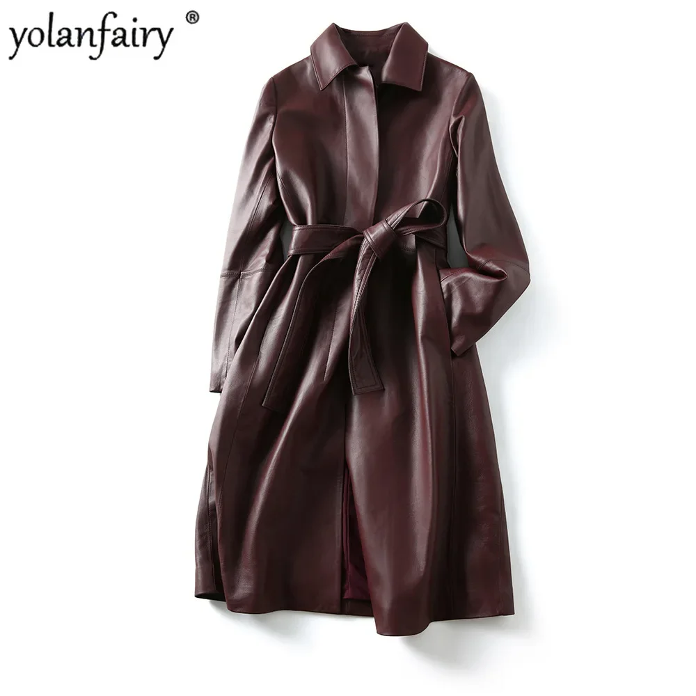 YOLANFAIRY Frühling Echtes Leder Schaffell Mantel frauen Mid Lange Natürliche Leder Kleidung Mode Windjacke Mäntel und Jacken