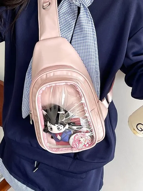 Bolsa de Peito Estilo Japonês para Meninas, Pequena e Transparente, Bolsa de Nylon com F de Zíper