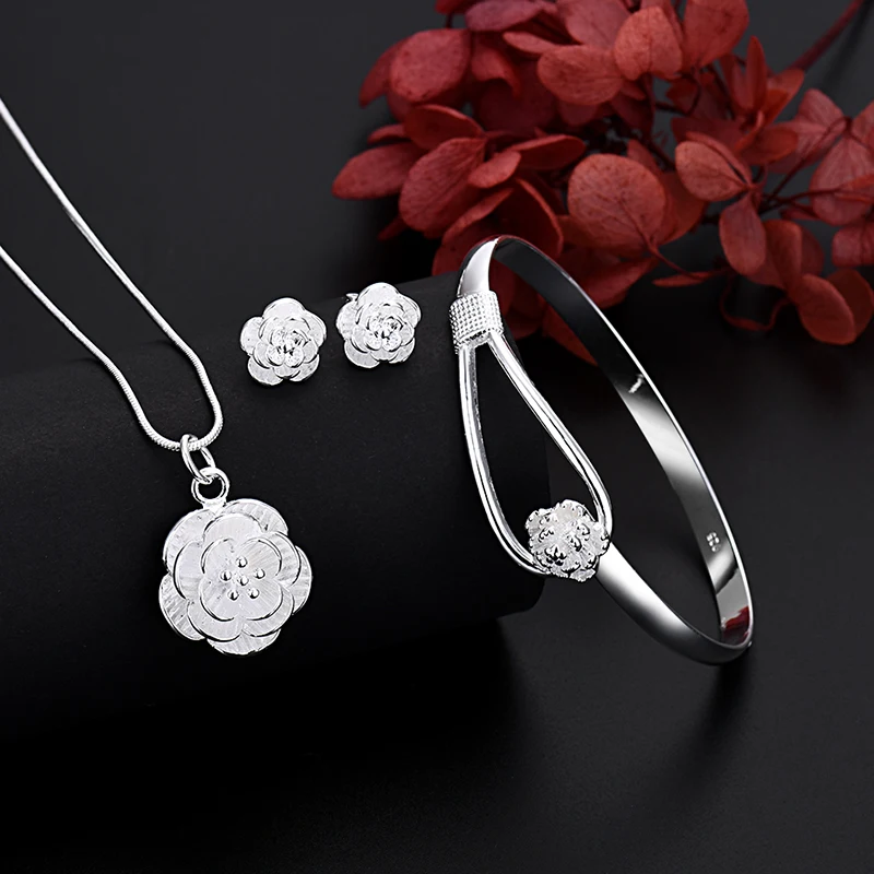Fine 925 เงินสเตอร์ลิง Charm ดอกไม้สร้อยคอต่างหูกําไลข้อมือเครื่องประดับสําหรับผู้หญิง Retro ชุดงานแต่งงานของขวัญอินเทรนด์น่ารัก