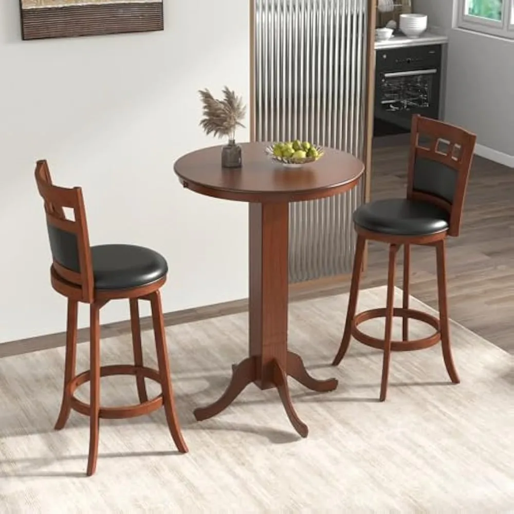 3 Piece Bar Table and Chairs Set, Round Counter Height Table, 2 Upholstered Swivel Bar Stools, Rubber Wood Frame, Farmhouse